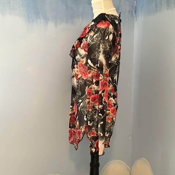 Black sheer blouse with red and black flowers and tan accents. Size Large, $14 - Picture 3 of 6